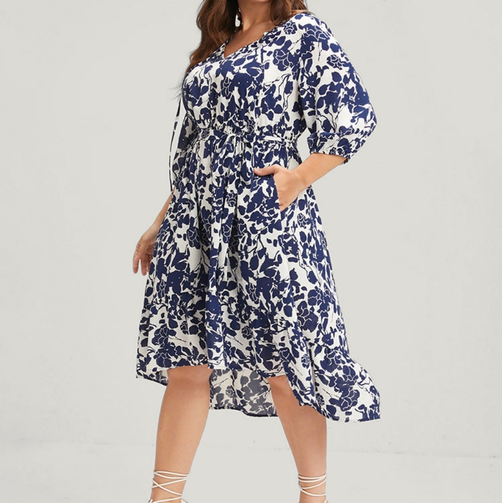 BLOOMCHIC Floral Pocket Knotted Ties Lantern Sleeve Ruffles Midi Dress Blue-26